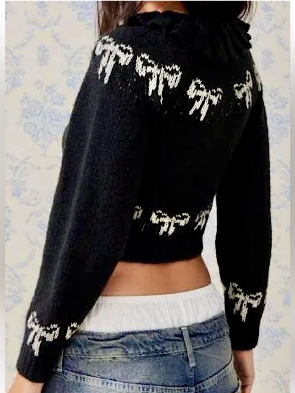 Kimchi Blue Marabell Bow Button Down Cardigan in Black with White - Picture 3 of 16